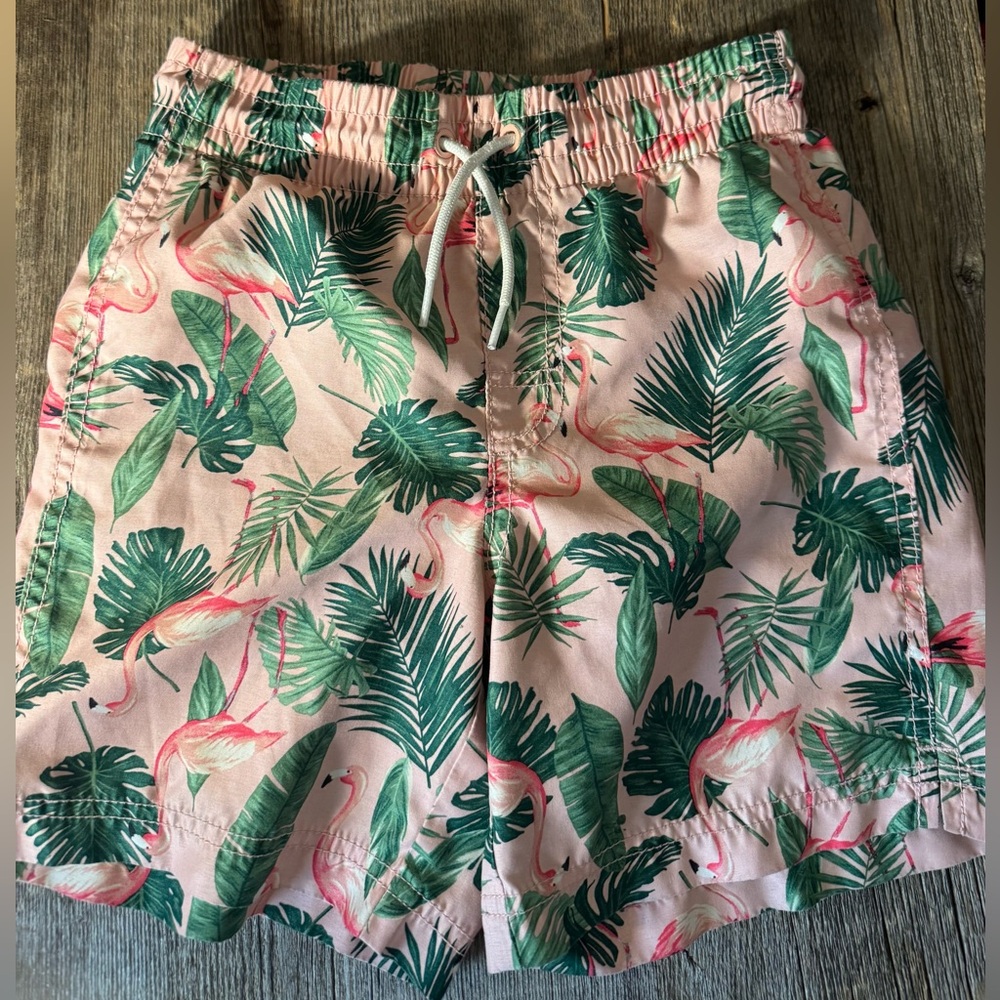 Old Navy Pink and Green Tropical Flamingo Boys Swimsuit size Medium